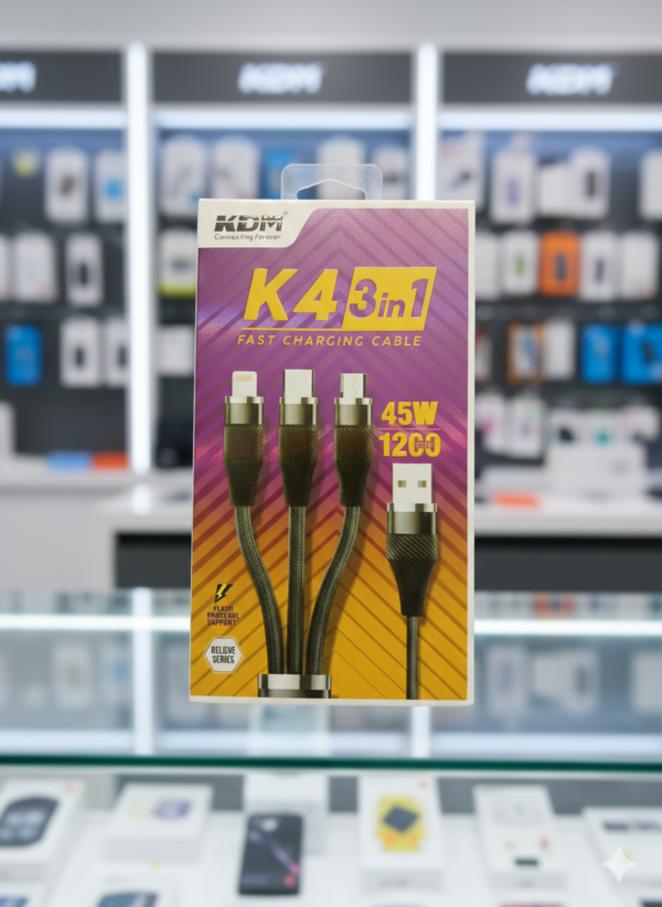 KDM K4 3-in-1 USB Cable – 1200mm | Multi-Protocol Fast Charging