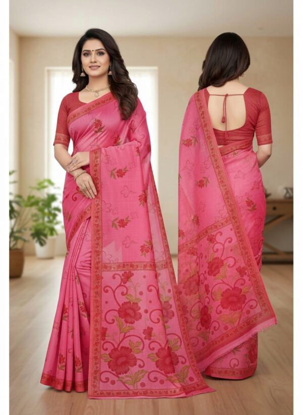 Elegant Pink Floral Printed Saree