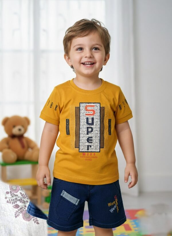 yellow t-shirt and blue denim shorts